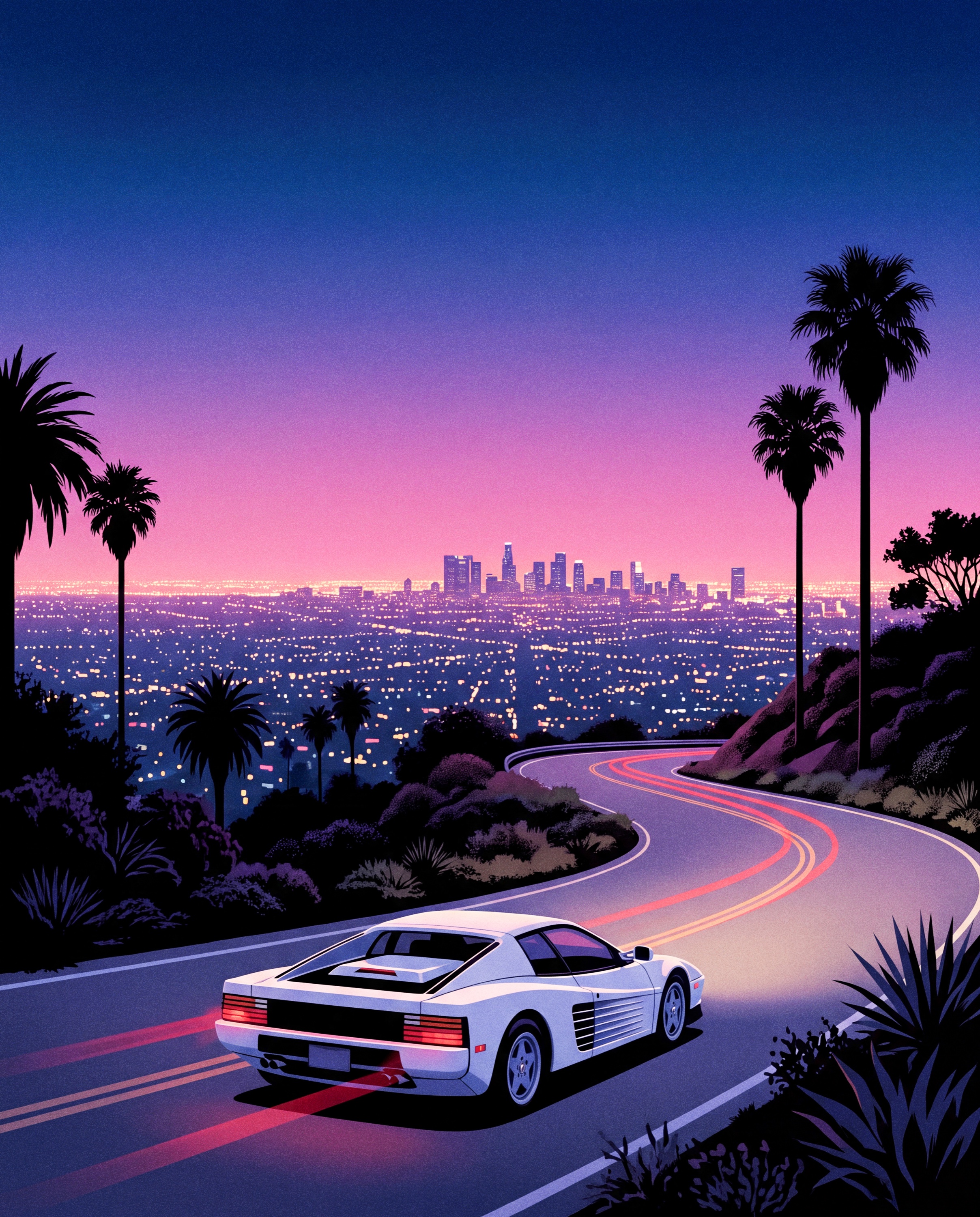 A sports car on a winding mountain road above a blue cityscape